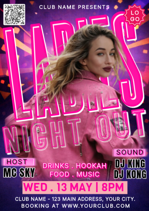 Pink Neon Ladies Night Out Party Invitation Social Media A4 Template ...