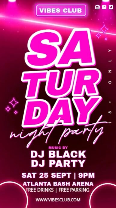 Pink Neon Saturday Party Vibes Digital Display (9:16) Template ...
