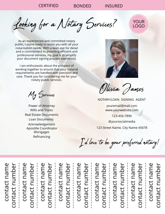 Pink Notary Tear Off Flyer template