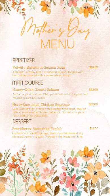 Pink-Orange Floral Mother's Day Menu Digital Display (9:16) template