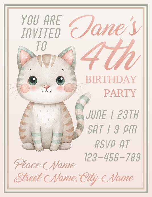 Pink Pastel Birthday Invitation Card with Kit Folheto (US Letter) template