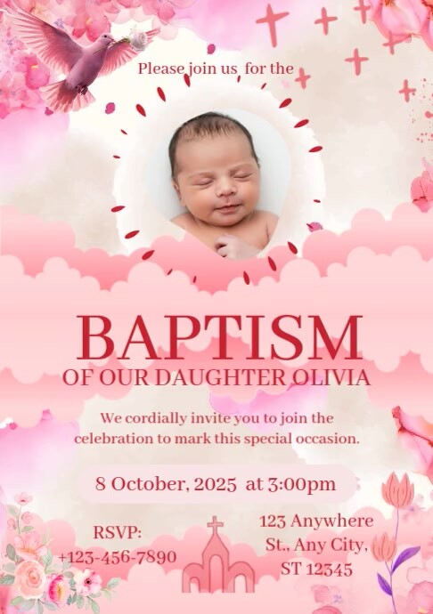 Pink Pastel Blush Pink Baptism Invitation A4 template