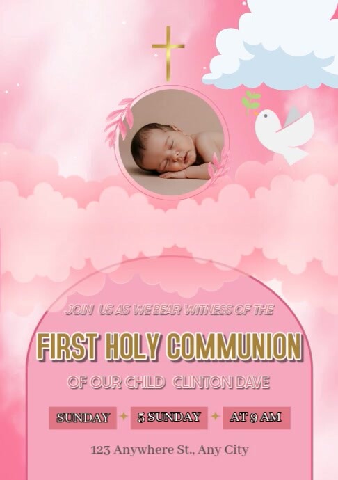 Pink Pastel Pink Sky First Holy Communion Invitation Template A4