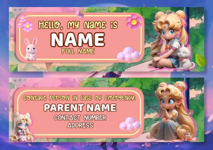 Pink Pastel Sailor Moon Nametags A4 Template | PosterMyWall