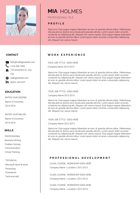 Pink Professional Resume / CV Template | PosterMyWall