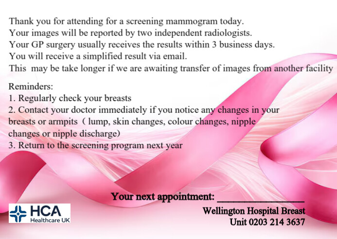 Pink Ribbon Breast Screening Mammogram Reminder Appointment Card ...