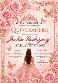 Pink Rose Gold Quinceañera Invitation Template | Floral Butterfly Princess Birthday Invite A4