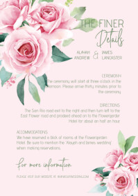 Pink Roses watercolor wedding detail card A5 template