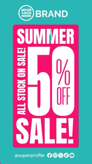 Pink Teal Typographic Modern Minimal Summer Sale 50 Percent Off Ad Flyer Template Instagram Story