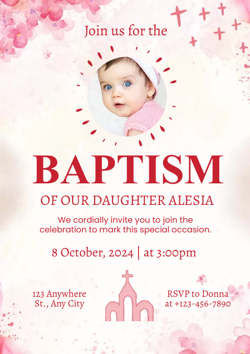 Pink Watercolor Baptism Invitation A4 template
