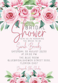 Pink watercolor floral bridal shower invitation A5 template