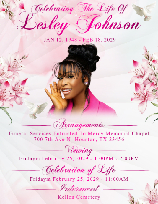 Pink White Floral Funeral Announcement Flyer Template | PosterMyWall