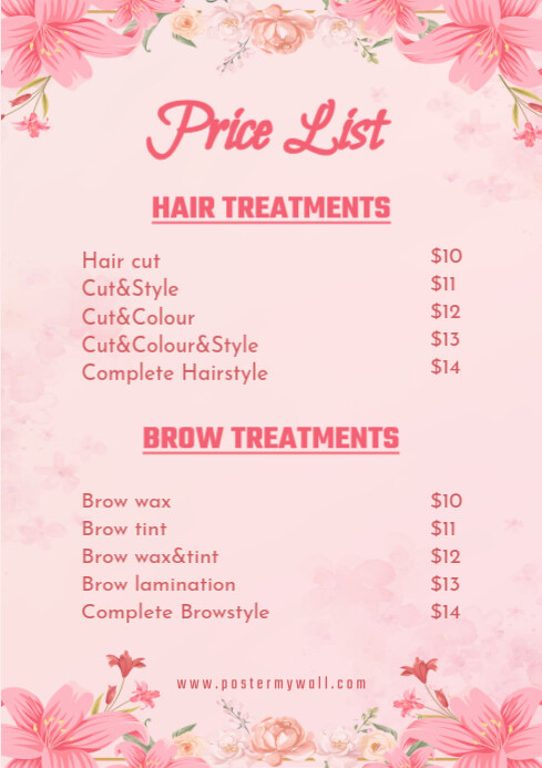 Pink White List-based Price List Hair & Brow Treatments A4 template