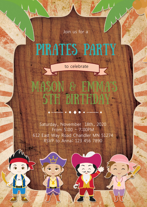 Pirate girl boy birthday party invitation A6 template