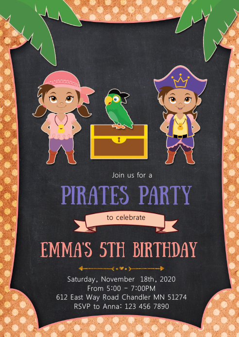 Pirate girls birthday party invitation A6 template