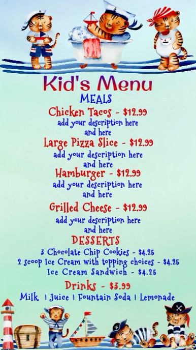 Pirates Kid's Menu with prices Instagram Story template