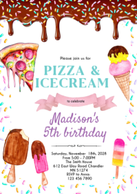 Pizza and ice cream birthday theme invite A6 template