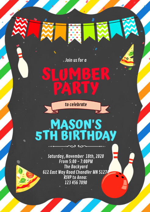 Pizza bowling birthday invitation A6 template