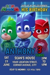 PJmask Birthday Invitation blue green A4 Poster template