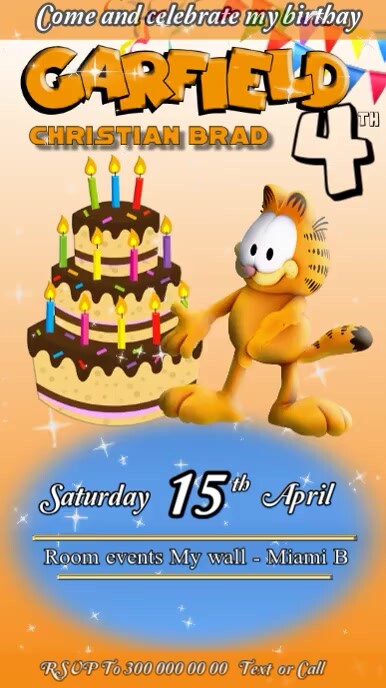 Plantilla invitacion cumpleaños Garfield ni Rolka Instagram template
