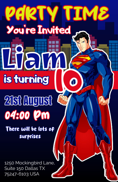 Plantilla  invitación cumpleaños superman Szeroki pół strony template