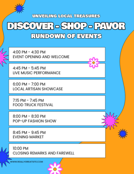 Playful Blue Orange Event Rundown Flyer Template (Us Letter) | PosterMyWall