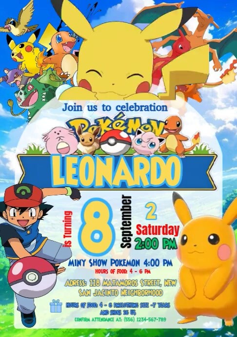 Pokémon invitation Brithday party temple boy celebration kids A4 template