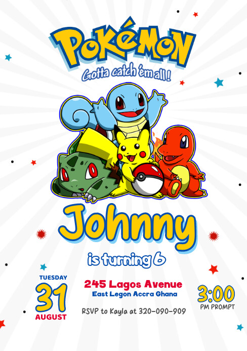 Pokémon Kids Birthday Invite A5 template