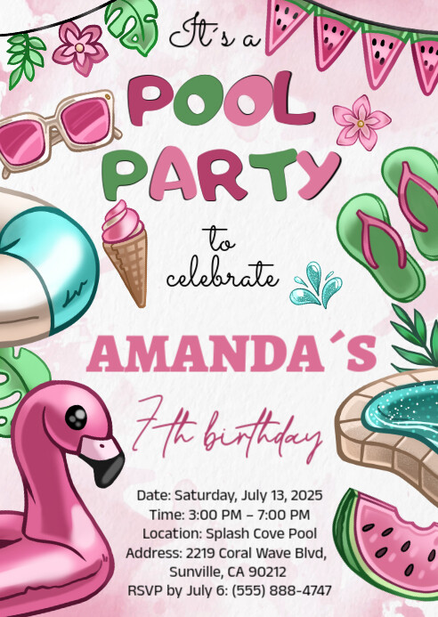 Pool Birthday invitation A6 template