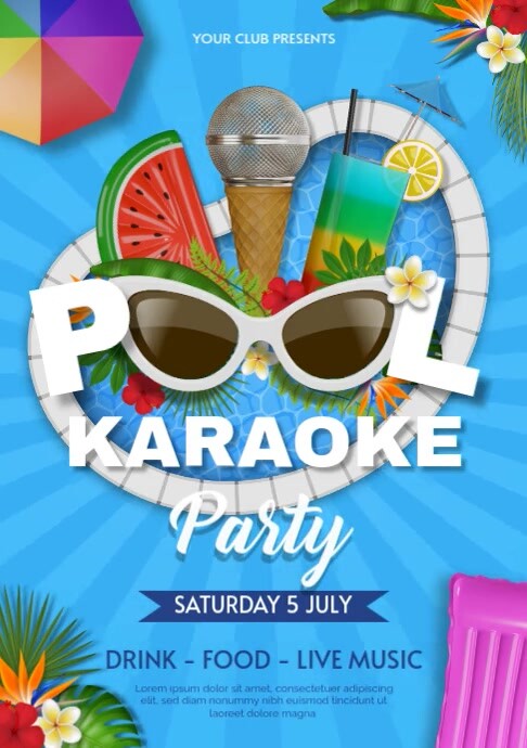 pool karaoke party poster with sunglasses, mic and inflatables A4 template