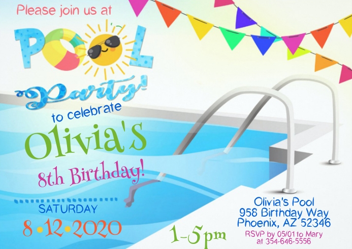 Pool Party Birthday Invitation 03 A6 template