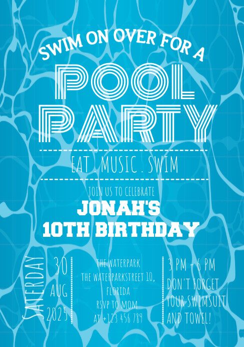 Pool party birthday party invitation A5 template