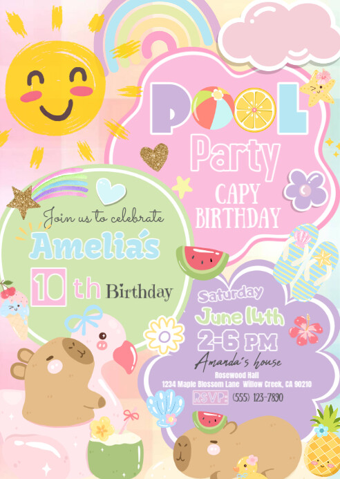 Pool Party Capybara Birthday Invitation A6 template