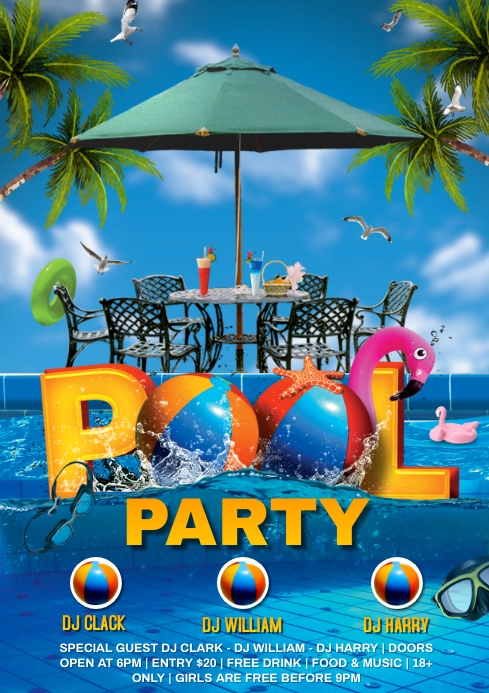 Blue Pool Party Event A4 Template | PosterMyWall