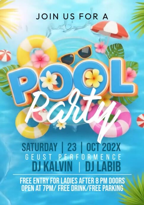 Pool Party Invitation A4 template
