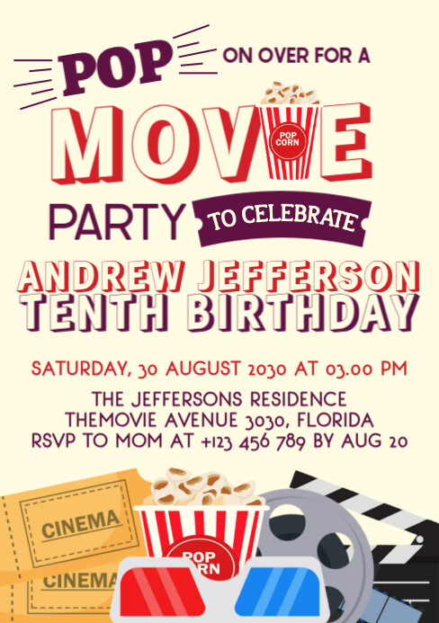 Pop on over movie night birthday invitation Template | PosterMyWall