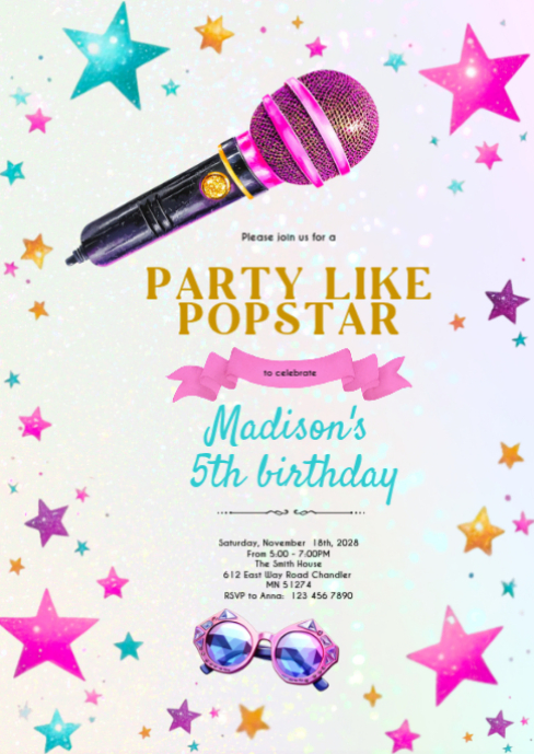 Pop Star Music Birthday Invitation Template | PosterMyWall