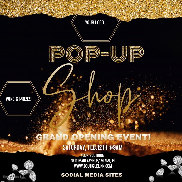 Pop-Up Shop Event Gold Glitter Flyer Instagram-Beitrag template