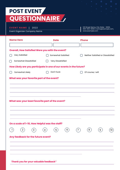 Post Event Questionnaire Template | PosterMyWall