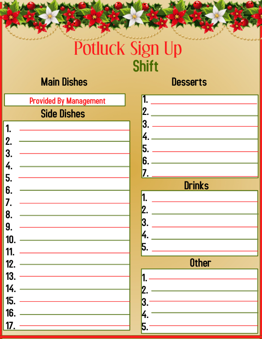 christmas potluck sign up sheet