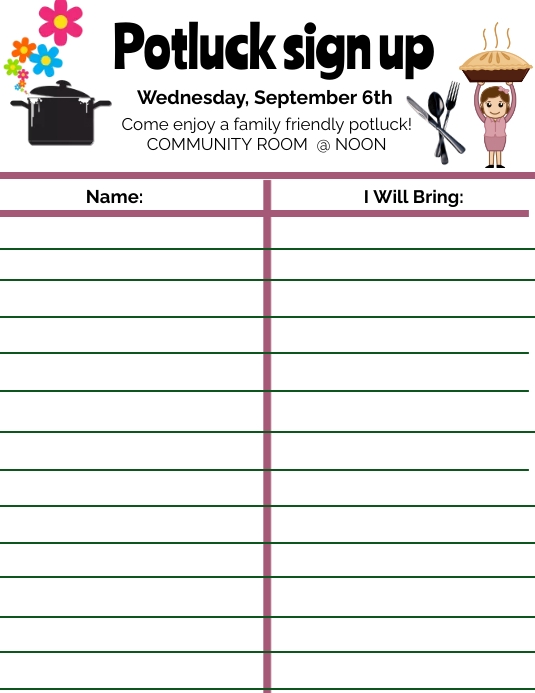 Potluck Sign Up Sheet Flyer (format US Letter) template