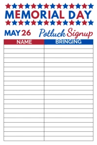 Potluck Signup Sheet - Memorial Day Potluck Poster template