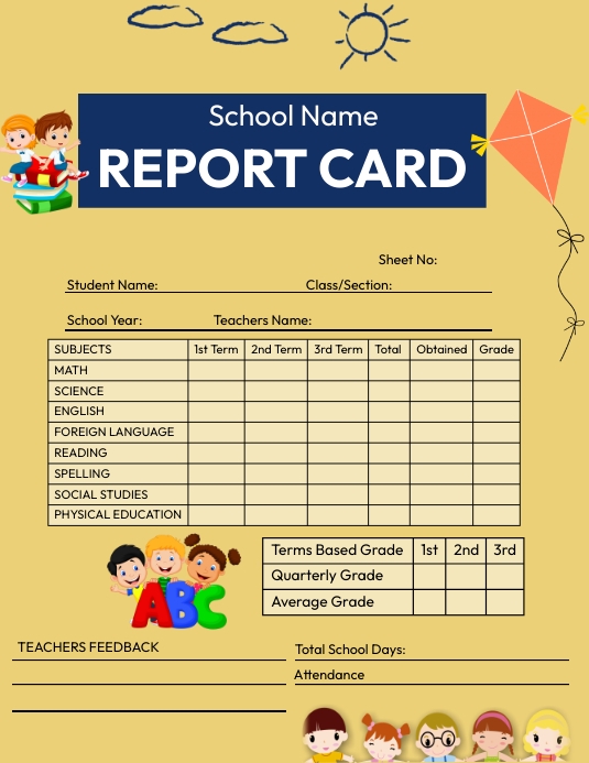 Preschool Report Card Template Design Løbeseddel (US Letter)