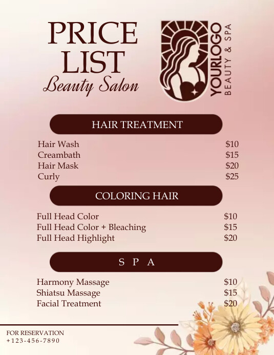Price List Beauty Salon & Spa Ulotka (US Letter) template