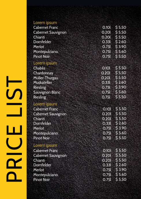 Modele Liste De Prix Menu Carte Boissons Offre Alimentaire