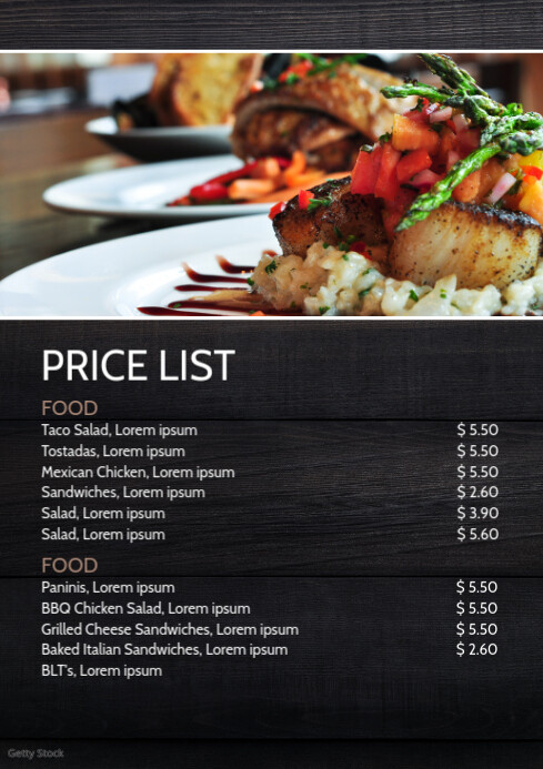 Deciding on marketing materials Price List Wood Table Menu Card Business Ad Template | PosterMyWall