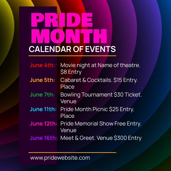 Pride Month Calendar of Events Pos Instagram template