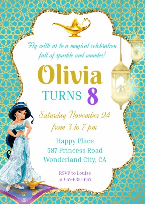Princess Jasmin Birthday Invitation A6 template