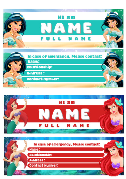 Princess Jasmine & Ariel Personalized Name & ID Tags A4 template