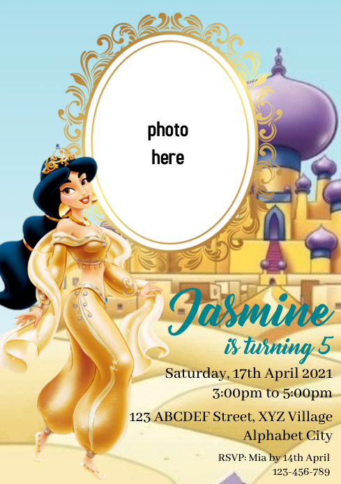 Princess Jasmine Birthday Invitation Template | PosterMyWall